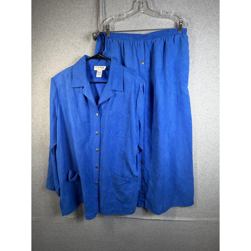 E.L.C.C‎ Shirt Skirt Set Womens XL Blue Button Front Pockets Elastic Waist